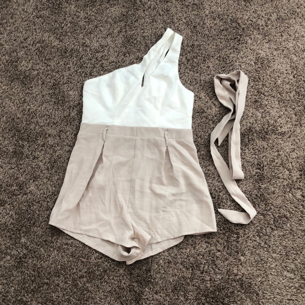 One-Shoulder Two-Tone Romper in White and Beige